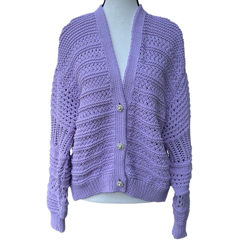 ZARA Lilac Purple Pointelle Open Knit‎ Cardigan Sweater Pearl Flower Buttons M